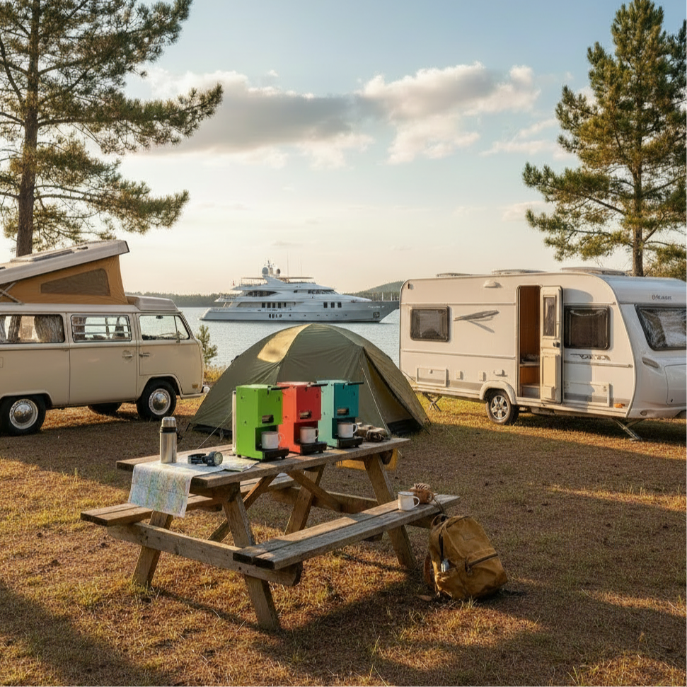 Compact coffee pod machine on camping table with pods and accessories