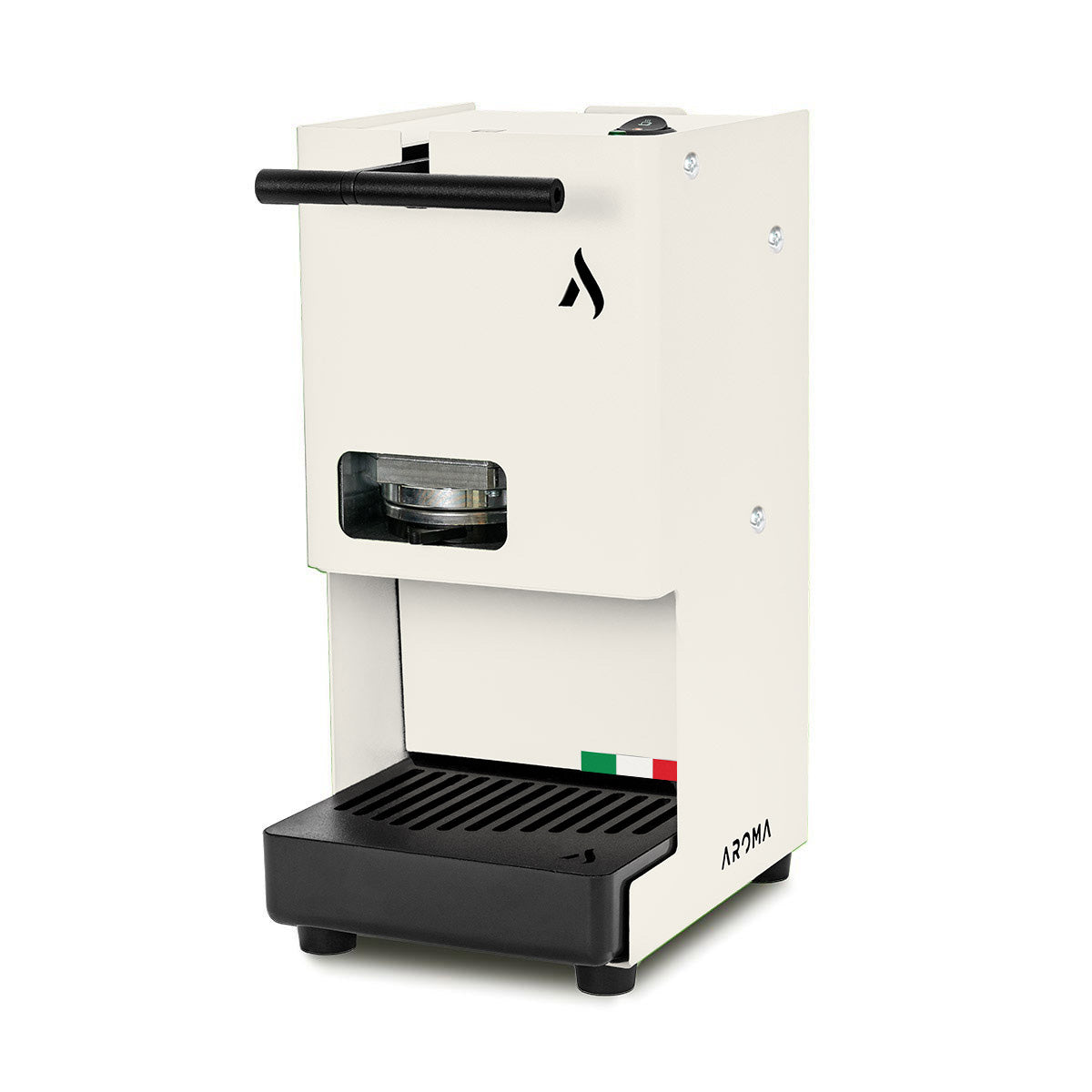 White coffee pod machine with front pod window and drip tray grate, side spout bar.