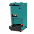 Turquoise coffee pod machine with front pod window and drip tray grate, side spout bar.