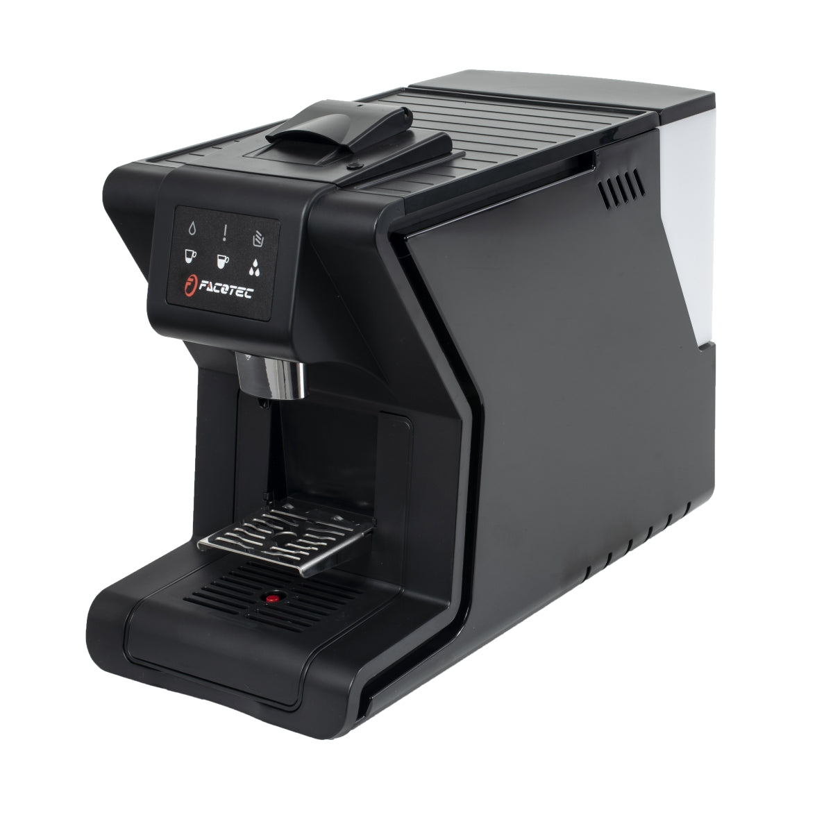 Black FACOTEC Z1 pod coffee machine with touch controls, pod holder, drip tray