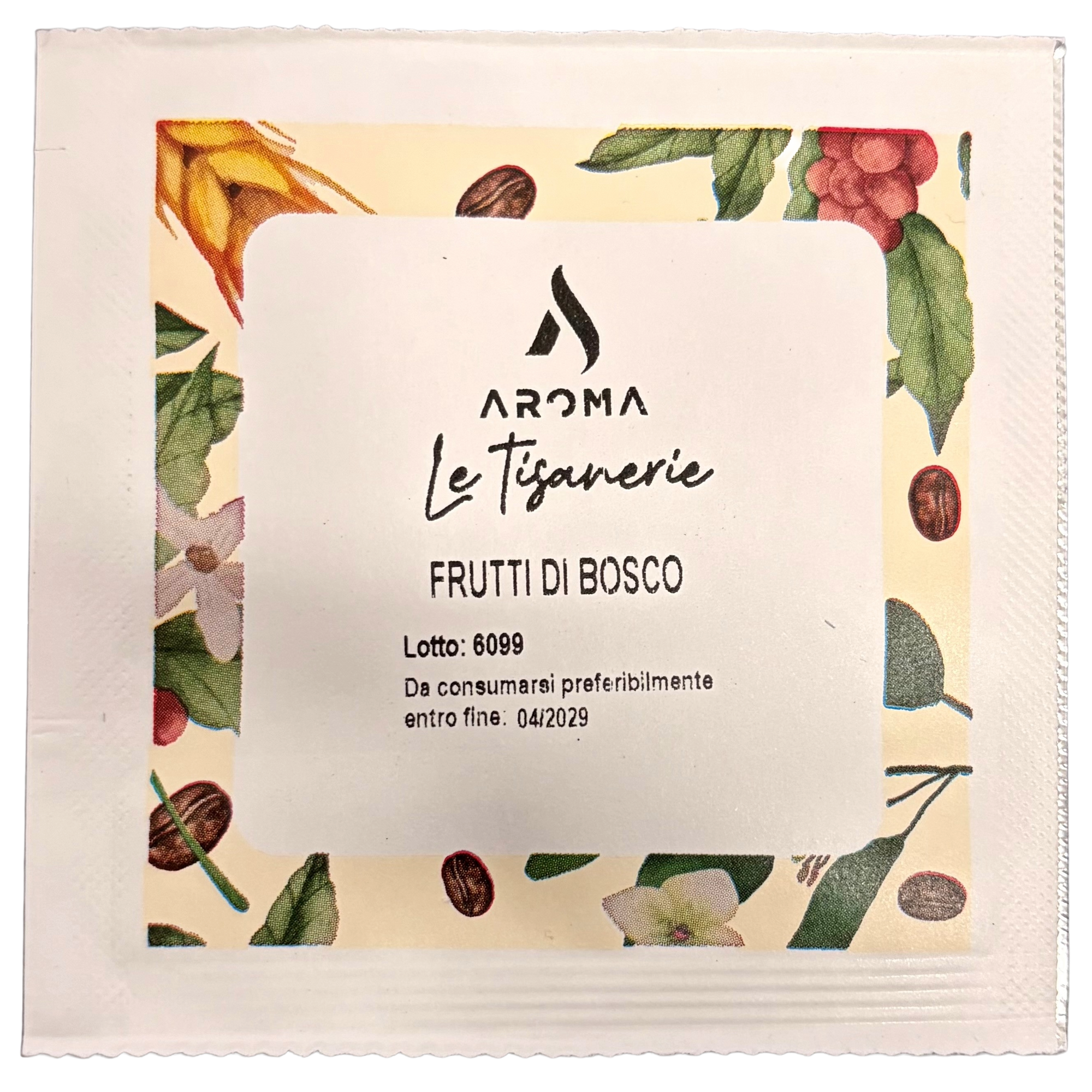 Herbal tea ESE pod sachet with Frutti di Bosco label and fruit leaf pattern