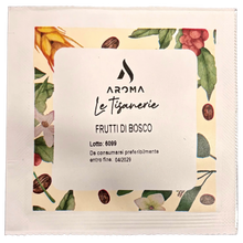 Herbal tea ESE pod sachet with Frutti di Bosco label and fruit leaf pattern