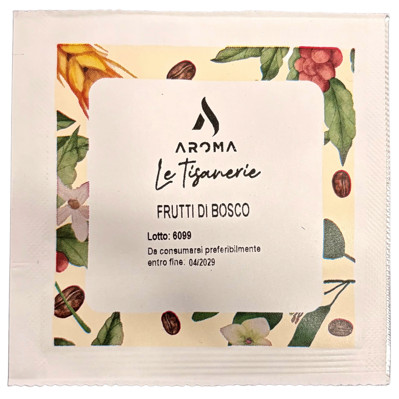 Herbal tea ESE pod sachet with Frutti di Bosco label and fruit leaf pattern