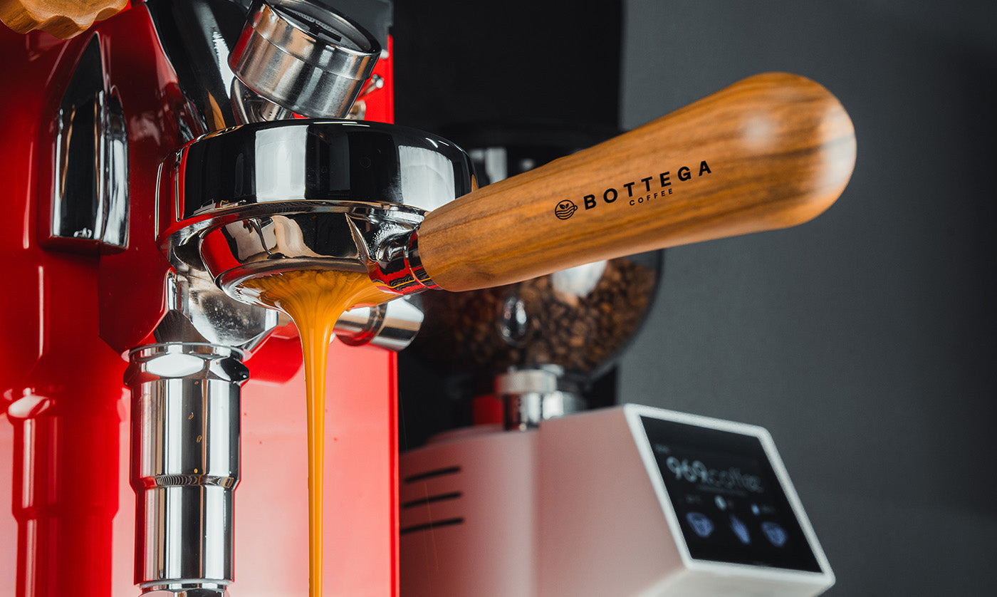 E61 bottomless portafilter with wooden handle and chrome shower screen