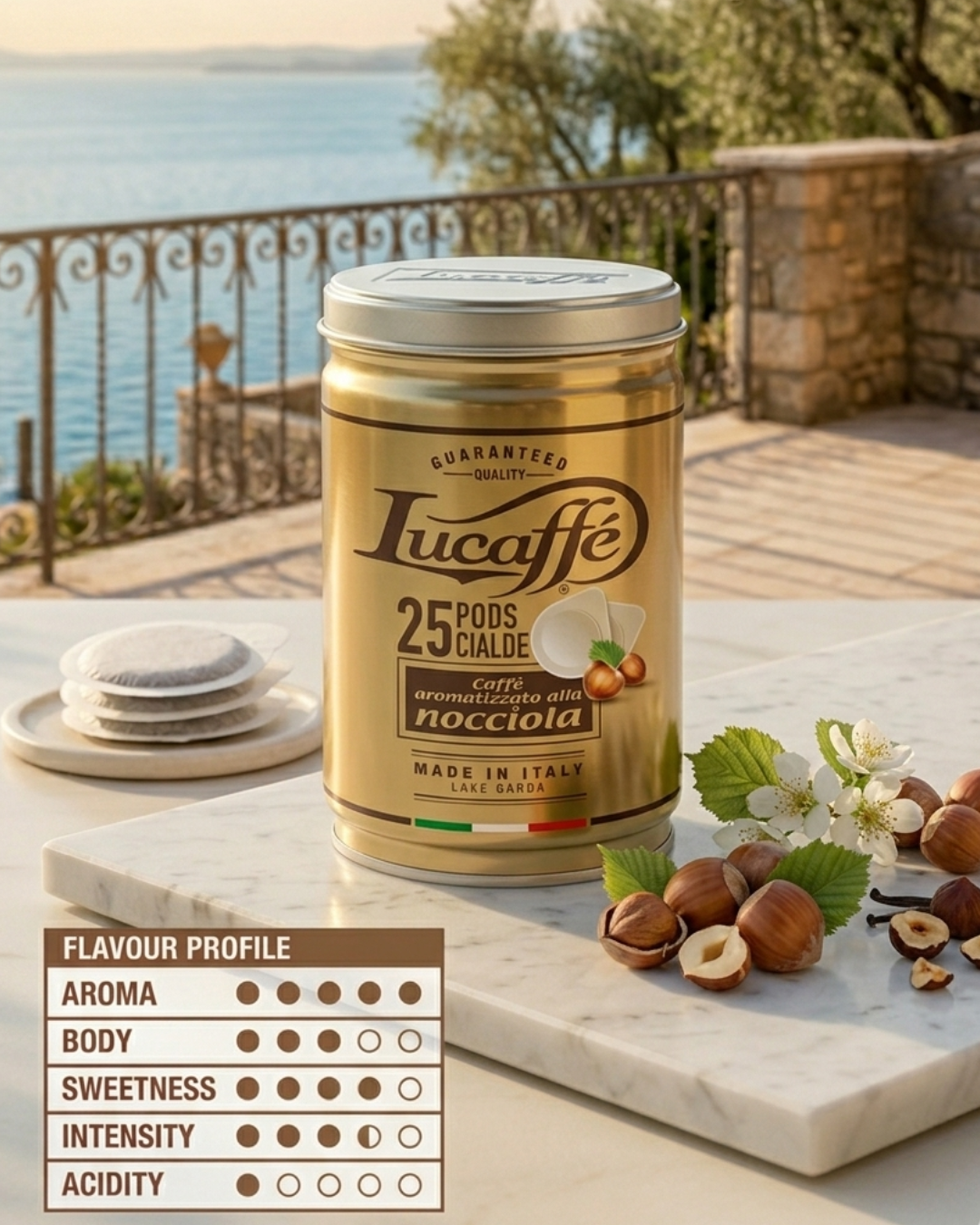 Lucaffé hazelnut coffee pods in a gold tin