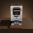 Aroma Iconica ESE coffee pod machine, open brewing chamber with wooden handle
