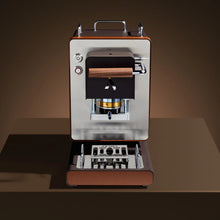 Aroma Iconica ESE coffee pod machine, open brewing chamber with wooden handle