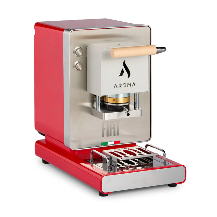 Red and cream ESE coffee pod machine with pod holder and metal drip tray