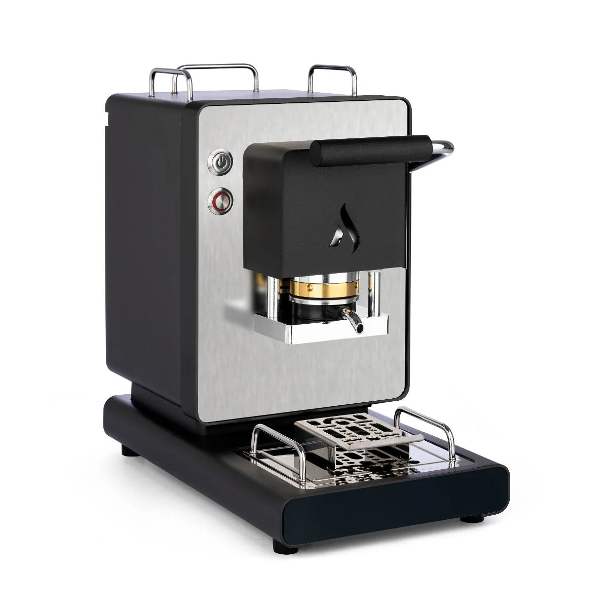 Matte black and silver coffee pod machine with wooden handle and front brew chamber