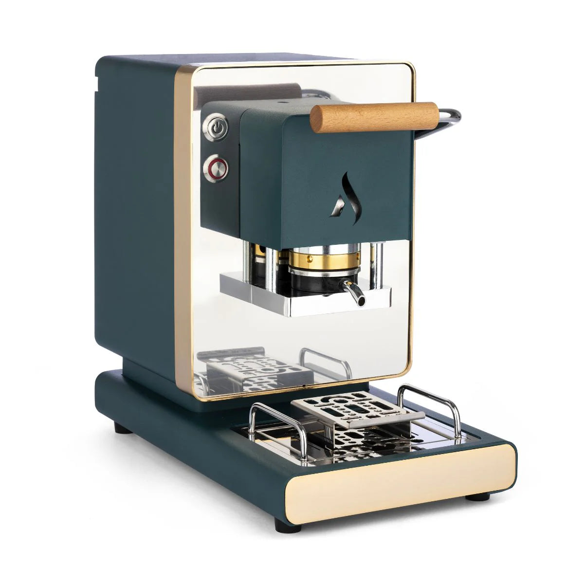 Teal and cream coffee pod machine with wooden handle, front brew chamber, and drip tray
