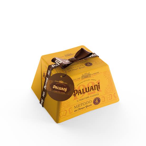Panettone cake box with Palliani logo, yellow wrapping and brown ribbon on top
