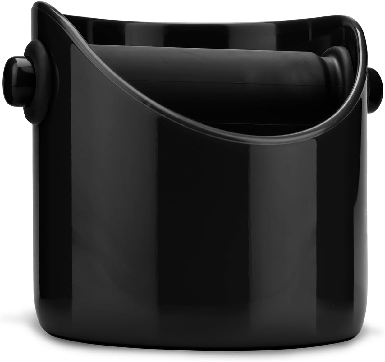 Black Grindenstein coffee knock box with curved handle and side knobs