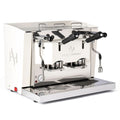 Professional pod coffee machine, white housing with twin spouts and metal levers