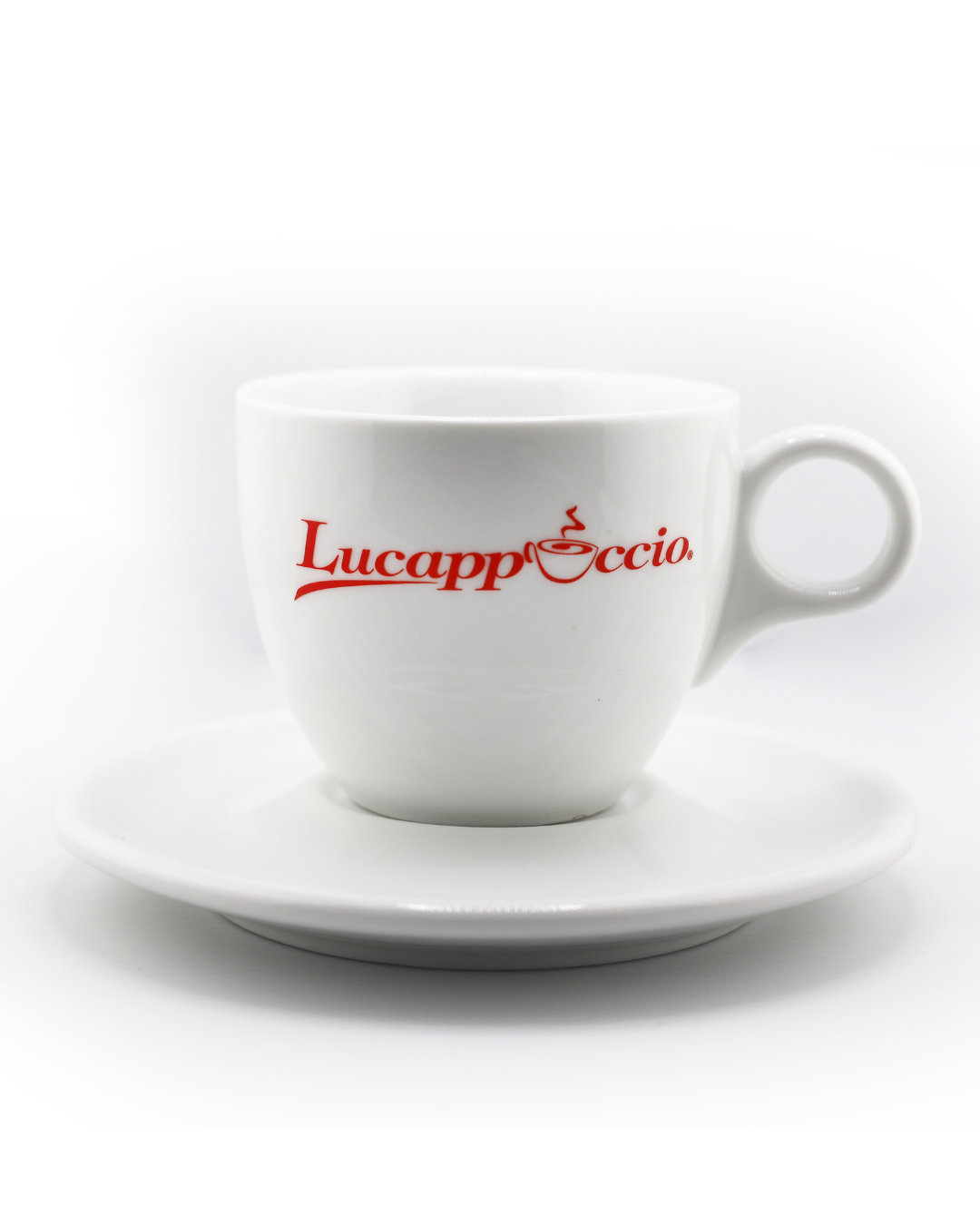 White cappuccino cup and saucer with red Lucappuccio logo