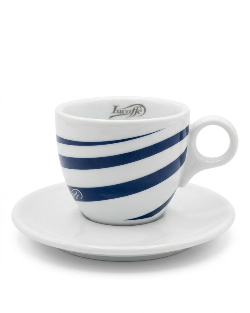 Lucaffe blue stripe cappuccino cup with matching saucer