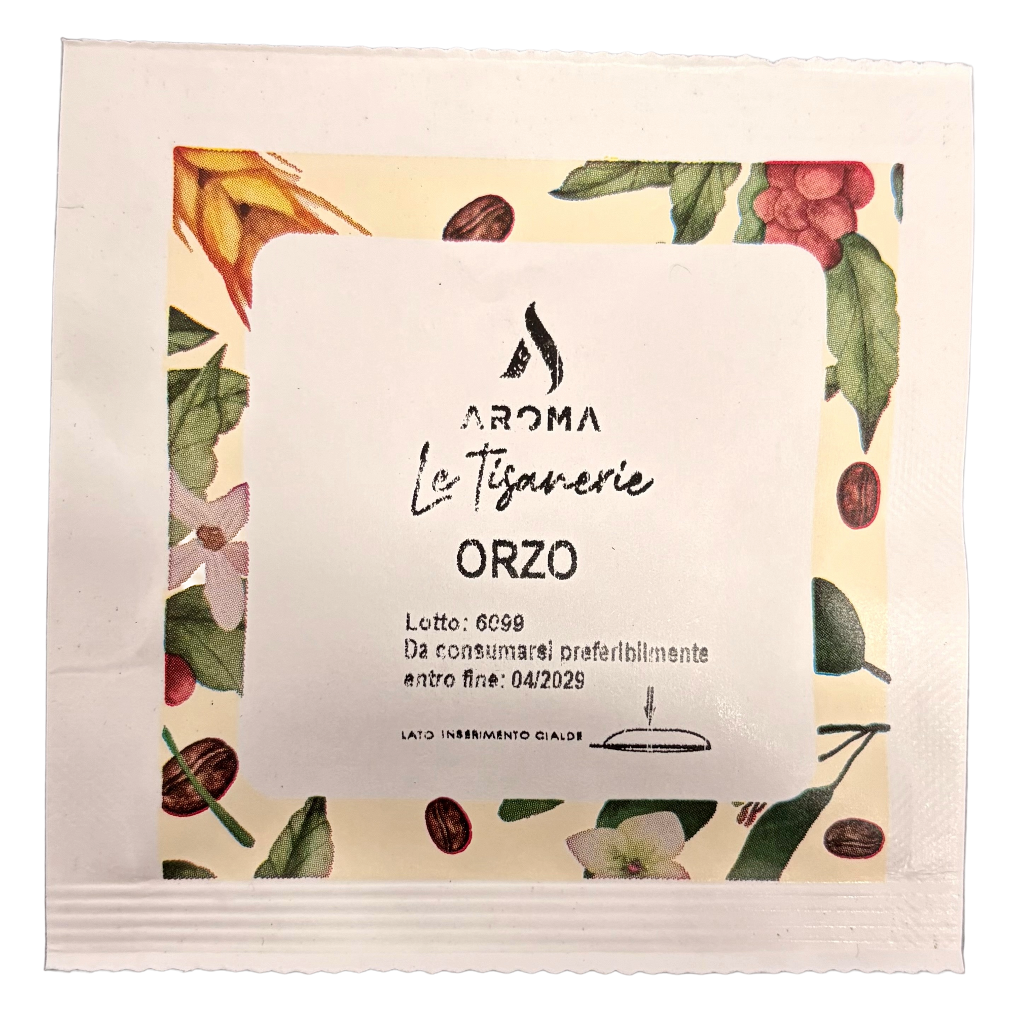 Herbal tea pod pack with ORZO label and decorative botanical design
