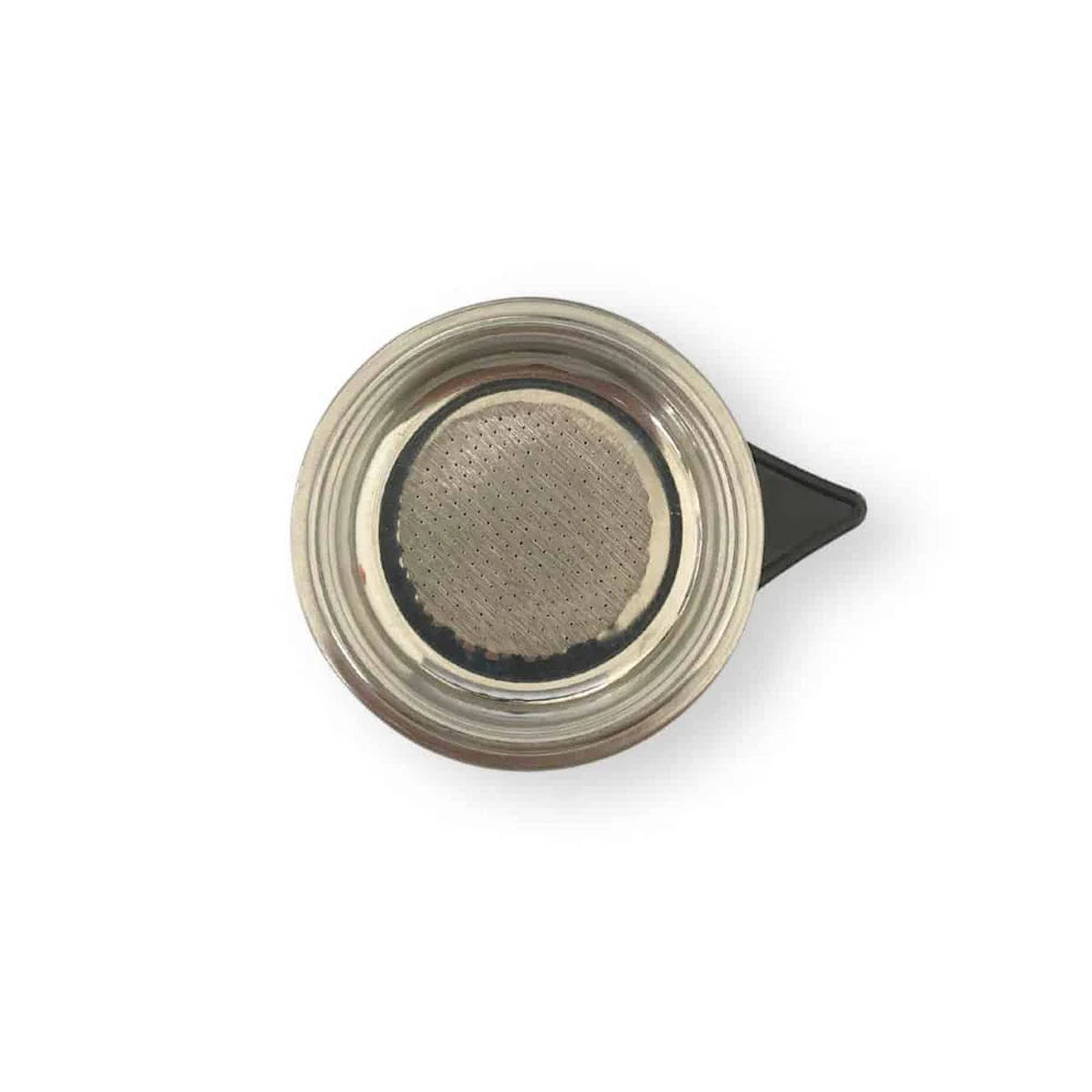 Circular metal filter holder with mesh screen and black plastic nozzle