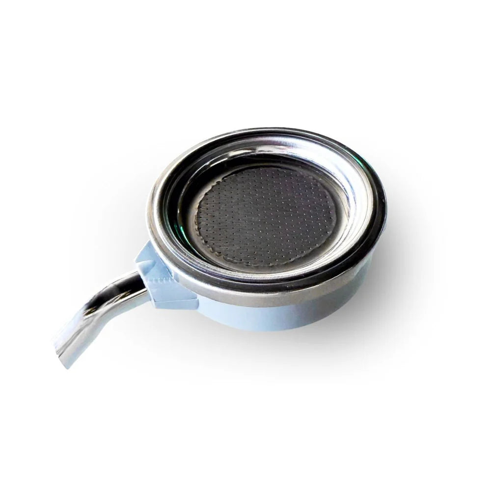 Stainless steel tea filter holder with dark mesh basket and light blue handle