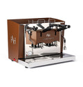 Professional pod coffee machine, brown body with chrome frame and two spouts