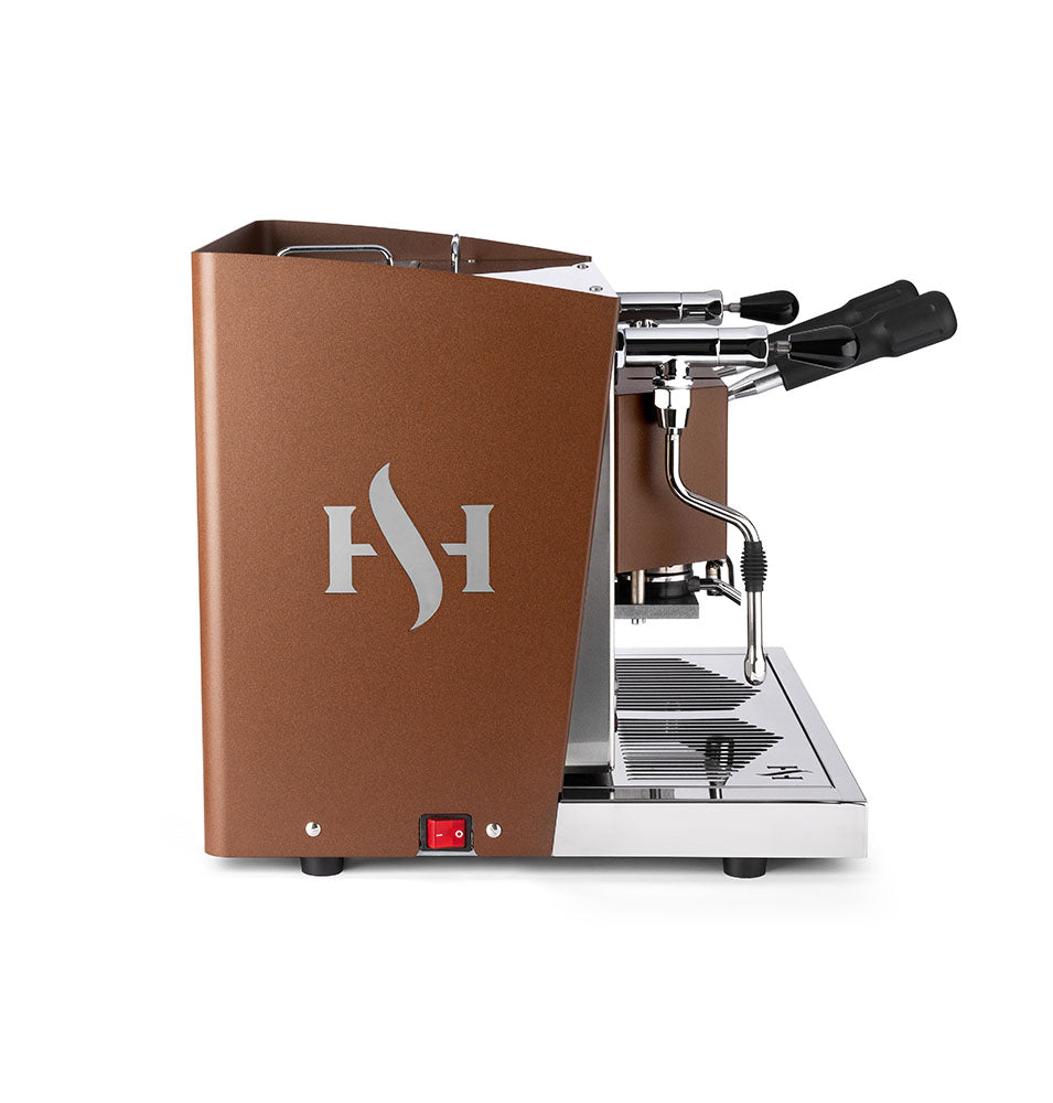 Professional pod coffee machine, brown exterior with dual portafilter heads