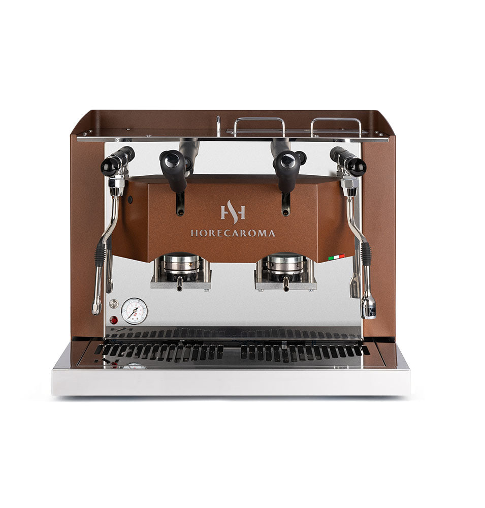 Professional pod coffee machine, brown housing with double dispensing handles