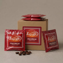 Lucaffé Pulcinella ESE coffee pods, red sachets with box and coffee beans