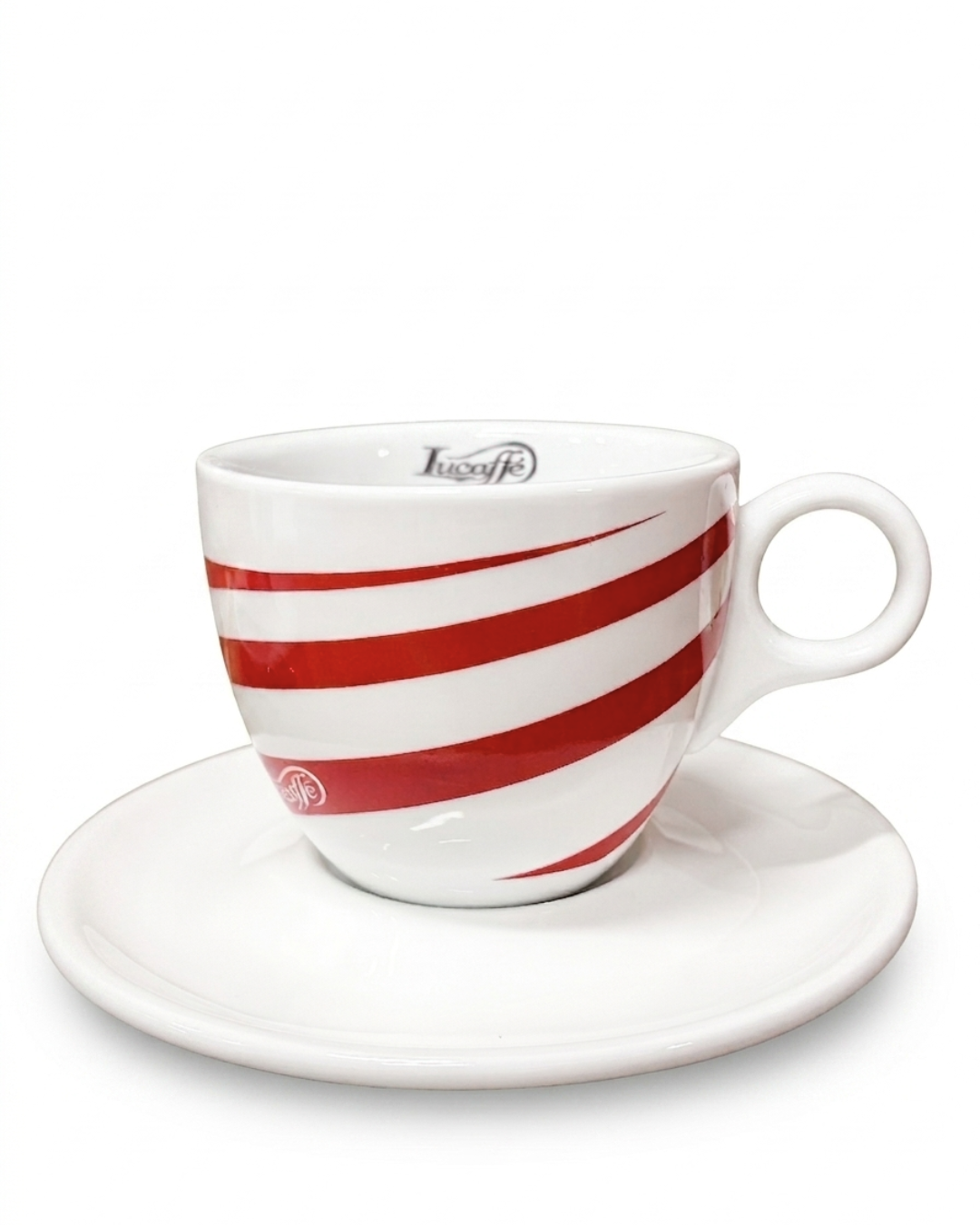 Lucaffe cappuccino cup with saucer, white with red diagonal stripe design and handle