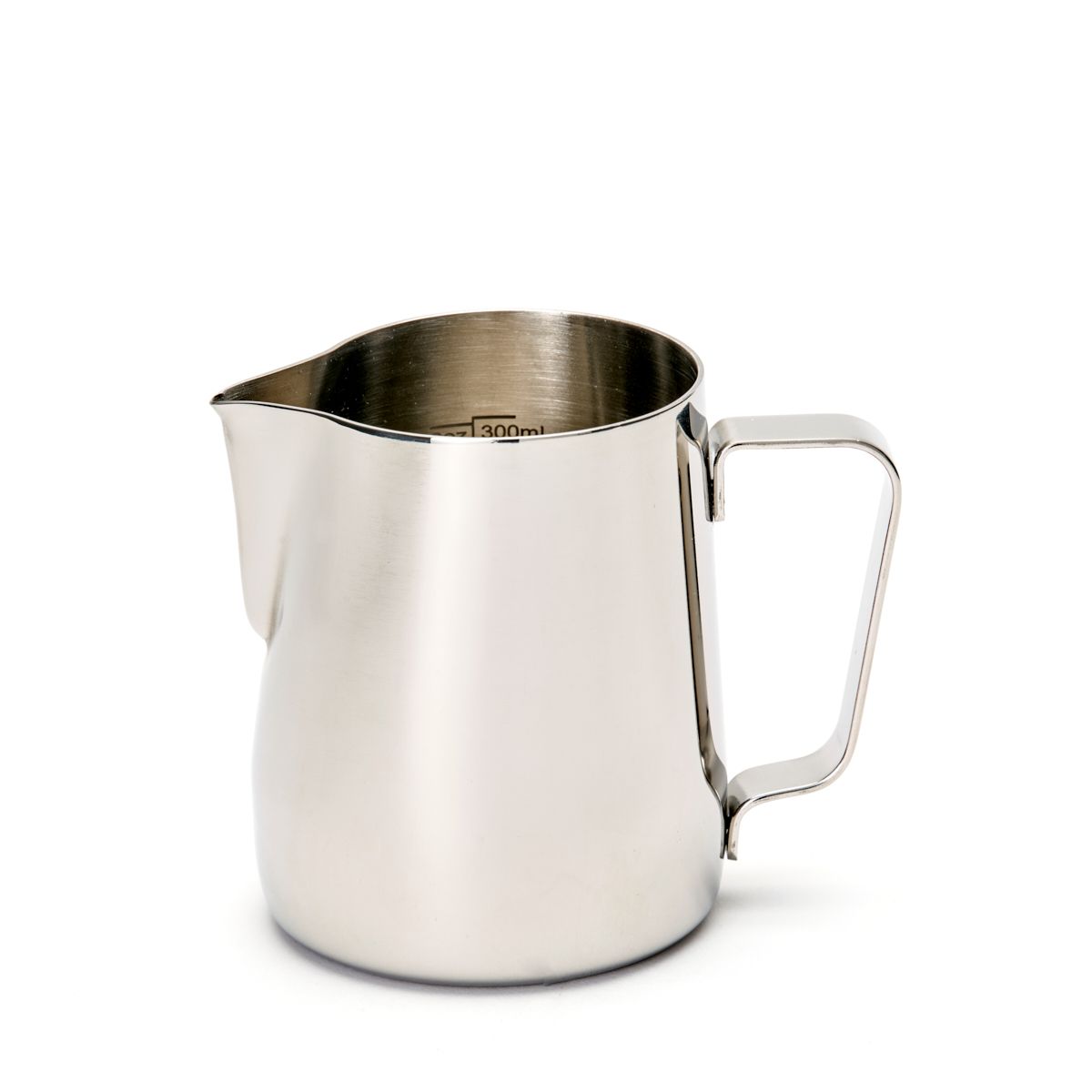 Stainless steel milk pitcher with wide mouth and curved handle