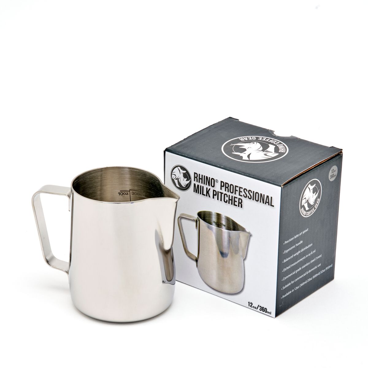 Stainless milk pitcher next to product box for Rhino Professional Milk Pitcher