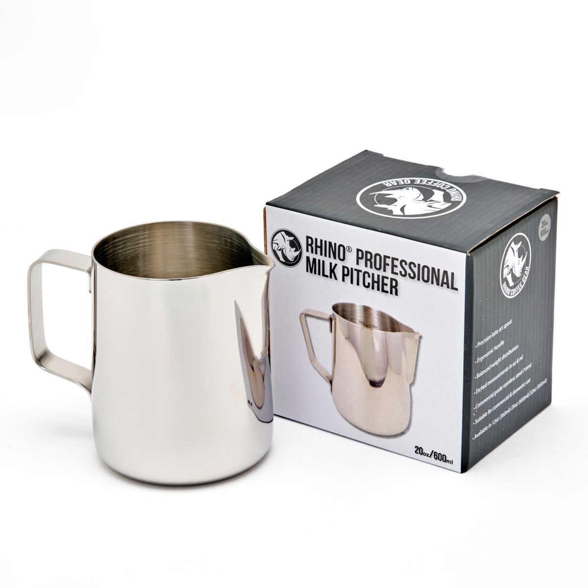 Stainless milk pitcher beside product box labeled Rhino Professional Milk Pitcher