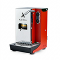 Red and white coffee pod machine with chrome steam handle and control buttons