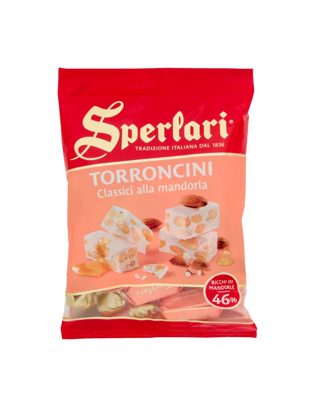 Sperlari torroncini nougat almond bites in red and peach foil bag, 117g