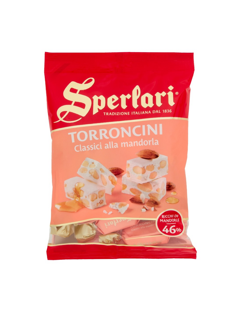 Sperlari torroncini nougat almond bites in red and peach foil bag, 117g