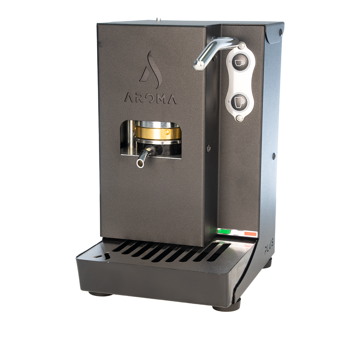 Dark ESE coffee machine with stand, front control panel and chrome dispensing spout