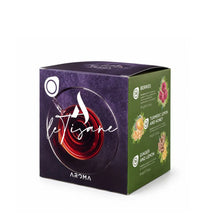 Herbal tea ESE pod box, purple and green packaging with fruit and herb mix icons