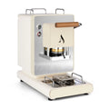 Light cream coffee pod machine with wooden handle, front brew chamber, and drip tray