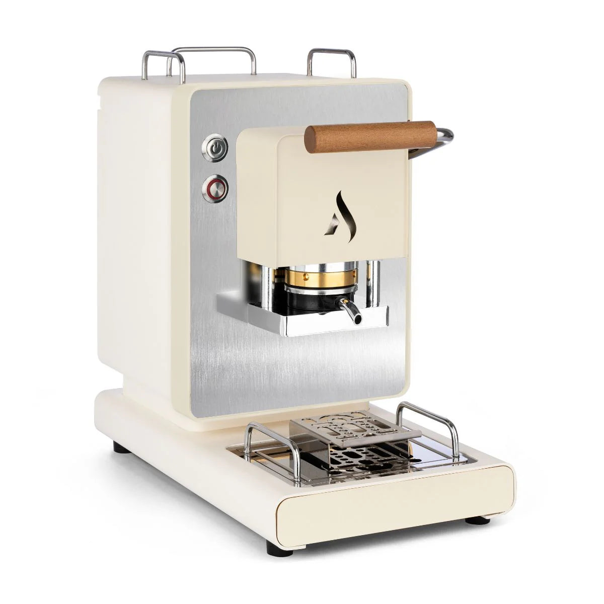 Light cream coffee pod machine with wooden handle, front brew chamber, and drip tray