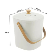 White bench-top compost bin with vented lid and wooden side carry strap