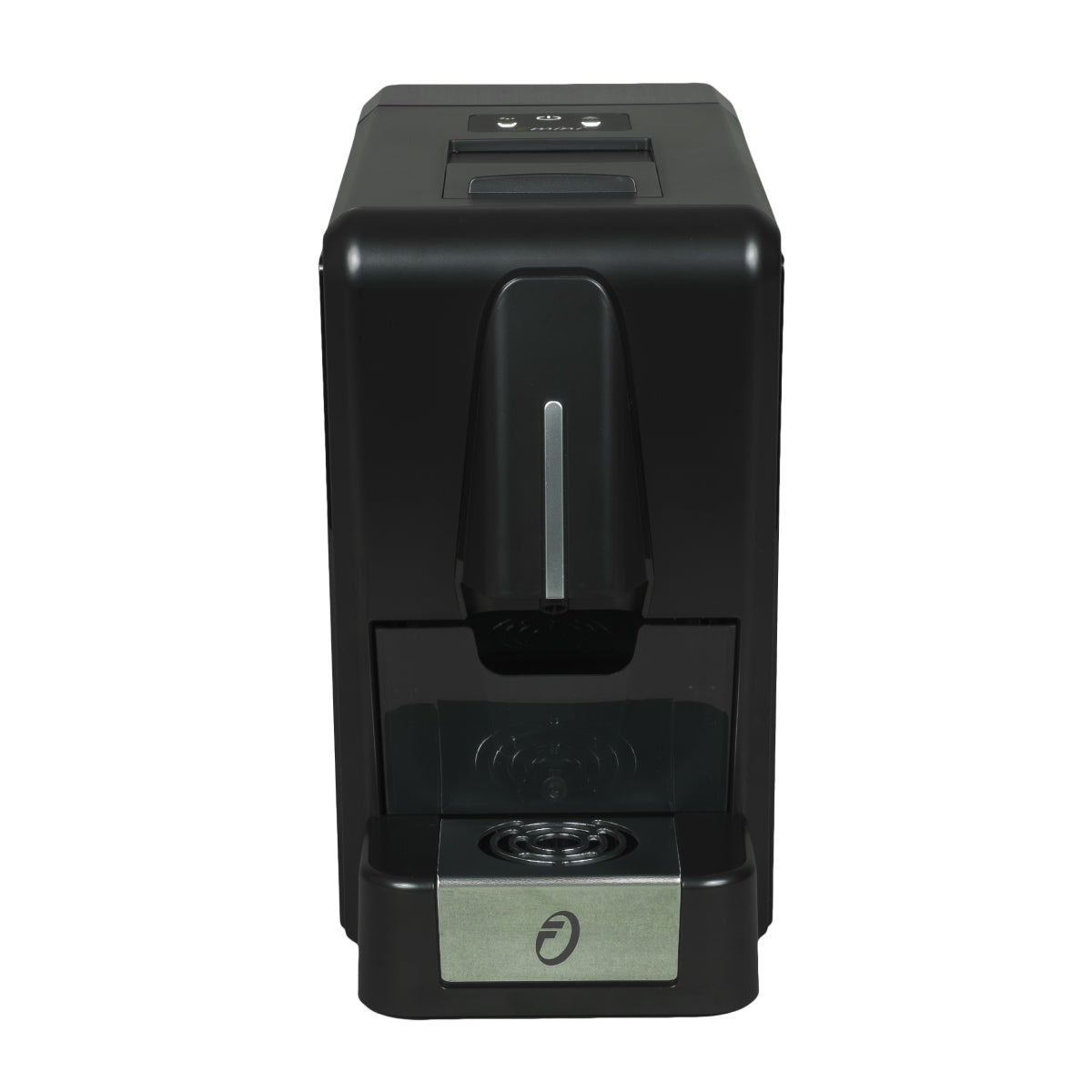 Gloss black pod coffee machine, front view with drip tray and capsule holder